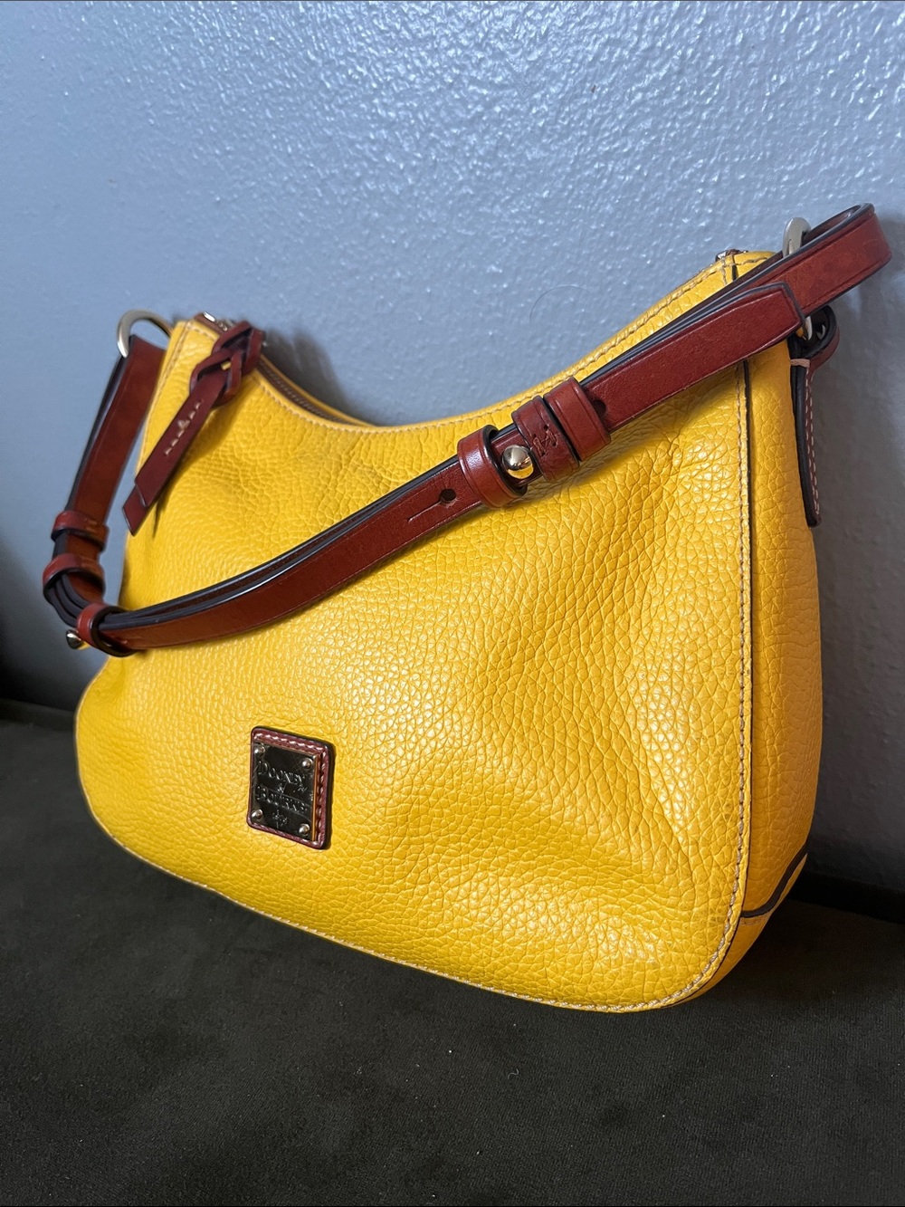 Dooney & Bourke Yellow Pebbled Leather Shoulder Bag with Brown Trim - Picture 2 of 15